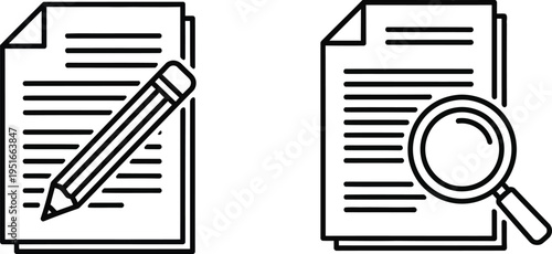 Two document icons show editing and searching functions represented by a pencil and a magnifying glass respectively.