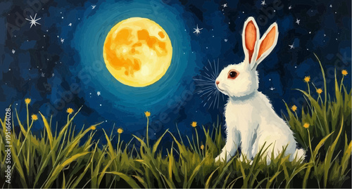 Cute Rabbit Sitting Under Full Moon Night Nature Vector Illustration