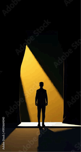 Silhouette of Man Standing in Cave Looking at Light Entrance Vector Illustration