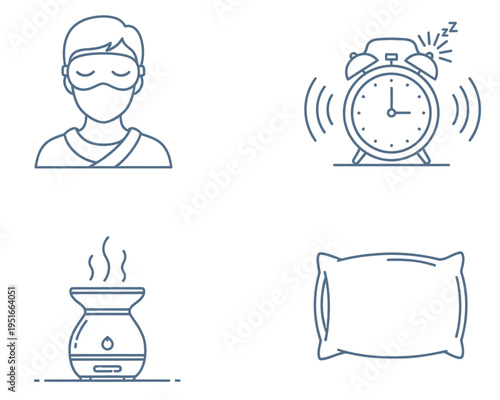 A simple set of line icons depicts items related to sleep hygiene, such as a person wearing a mask, an alarm clock, an aroma diffuser, and a pillow.