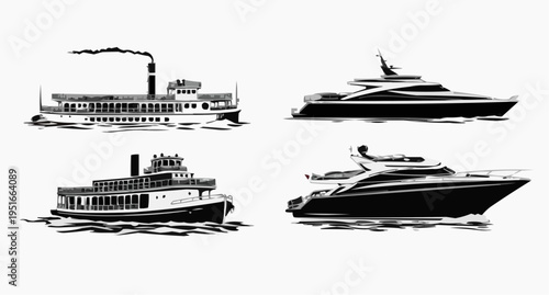 Collection of Boats and Ships Line Art Minimal Marine Vector Illustration
