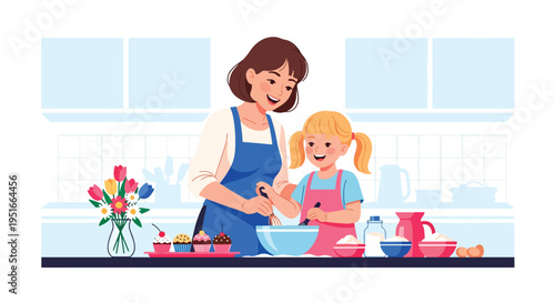 Happy Mother’s Day celebration with mother and daughter baking together in kitchen, sharing love, laughter, and appreciation in warm family moment