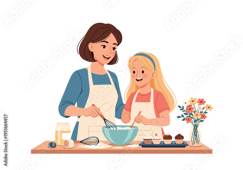 Happy Mother’s Day celebration with mother and daughter baking together in kitchen, sharing love, laughter, and appreciation in warm family moment