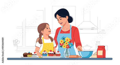 Happy Mother’s Day celebration with mother and daughter baking together in kitchen, sharing love, laughter, and appreciation in warm family moment