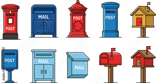 Mailbox and post box illustration set with vintage and modern mail collection boxes, postal service concept and communication delivery design