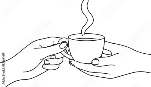 A simple line drawing depicts two hands gently holding a steaming cup of coffee or tea silhouette high quality professional