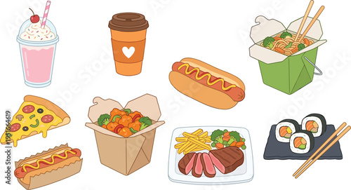 Fast food and takeaway meals illustration set with pizza, hot dog, noodles, sushi, coffee and snacks, modern street food concept