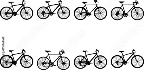 Comprehensive set of black and white bicycle silhouettes, illustrating different bike models for sport, recreation, and daily commuting, clean vector graphics.