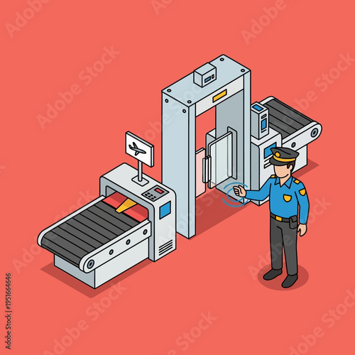Isometric illustration of a security checkpoint at an airport with a guard.
