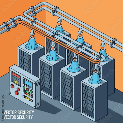Isometric illustration of a server room with network cables and control panel.