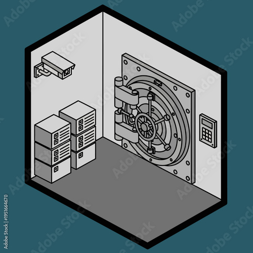 Isometric view of a secure vault room with a large bank door and surveillance.