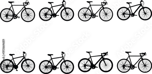Collection of diverse bicycle silhouettes in black and white, showcasing various bike types for cycling, sport, and urban transport, isolated on a clean background.
