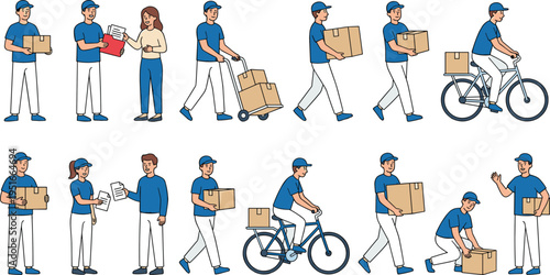 Courier delivery workflow illustration with worker carrying packages, customer handover, bicycle delivery, logistics process and last mile shipping service concept