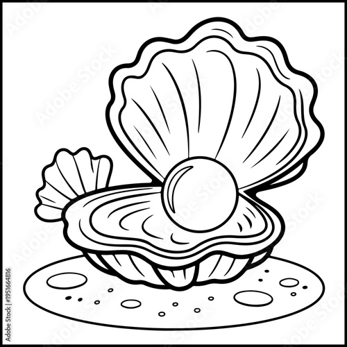 Colorful seashell and pearl on ocean wave relaxing comfy coloring page vector illustration