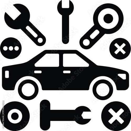 Car repair service icon set with vehicle, wrench tools, maintenance symbols, auto workshop concept and automotive service illustration design