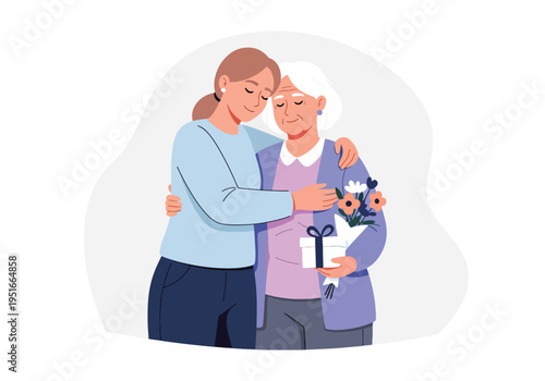 Happy Mother’s Day moment with adult daughter hugging elderly mother, celebrating appreciation, gratitude, and lifelong love between generations