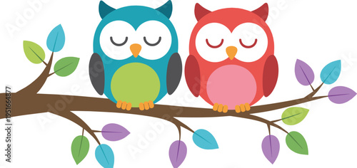 Two cute cartoon owls sleeping on a tree branch with colorful leaves for nursery wall art and decor,