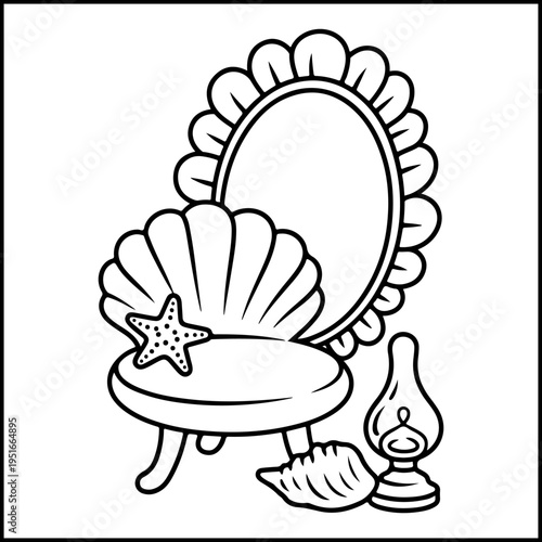 Hand mirror with seashell and ocean waves comfy coloring page vector illustration
