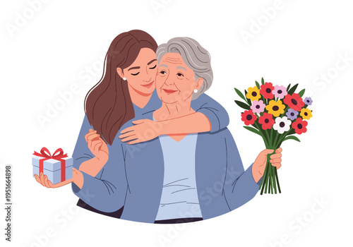 Happy Mother’s Day moment with adult daughter hugging elderly mother, celebrating appreciation, gratitude, and lifelong love between generations