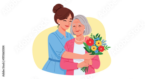 Happy Mother’s Day moment with adult daughter hugging elderly mother, celebrating appreciation, gratitude, and lifelong love between generations