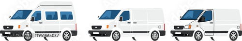 White commercial vans collection side view illustration, cargo and passenger vehicles for delivery, logistics, transport fleet and urban mobility concept