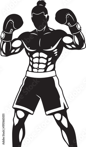 Black and white silhouette of a muscular boxer with a knot hairstyle