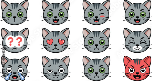 Set of cute cartoon gray cat head emoji icons with various facial expressions and emotions isolated on white,