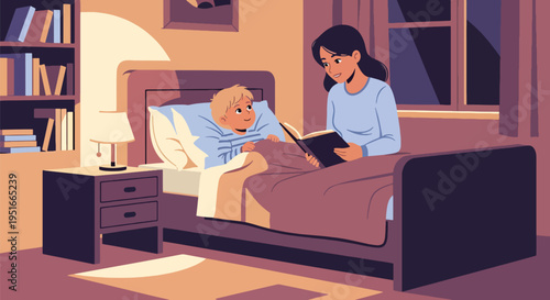 Happy Mother’s Day celebration with loving mother reading bedtime story to child, honoring appreciation, warmth, and family bonding