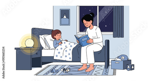 Happy Mother’s Day celebration with loving mother reading bedtime story to child, honoring appreciation, warmth, and family bonding