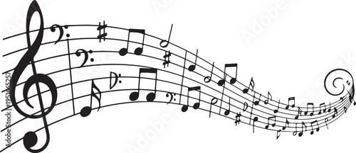 Black music notes and treble clef on a flowing wavy musical staff line