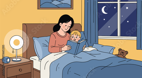 Happy Mother’s Day celebration with loving mother reading bedtime story to child, honoring appreciation, warmth, and family bonding