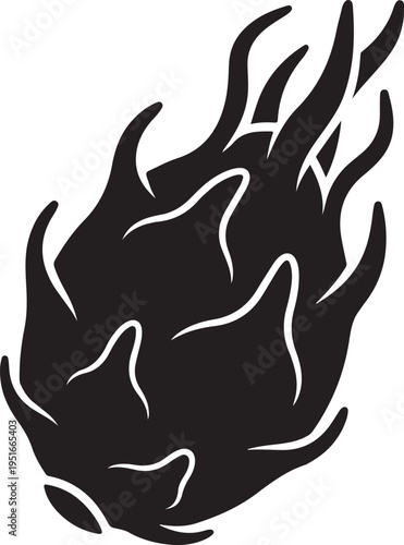 Black silhouette of a whole dragon fruit with spiky scales on white background