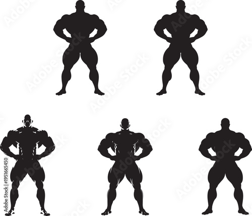 Black silhouettes of five muscular bodybuilders in standing poses