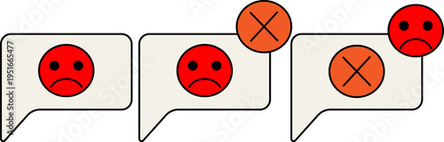 Set of stylized speech bubble icons with red sad faces and orange X marks, symbolising rejection, negative feedback, disapproval, or failed communication in modern design.