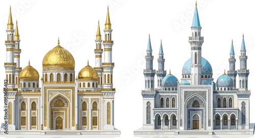 Islamic mosque architecture illustration with golden and blue domes, minarets, ornate design, religious building landmarks and cultural heritage concept