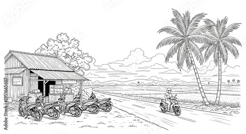 Motorcycles parked outside a rustic roadside shop.