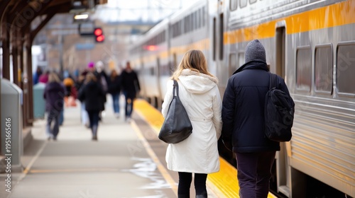Two commuters walk along a platform beside a stopped commuter train at a busy urban station on a cold day, capturing daily public transportation, travel, and morning rush hour city life.
