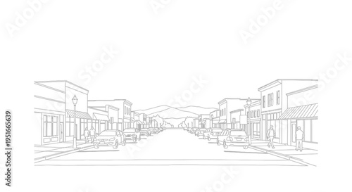 Small town main street with buildings and cars.