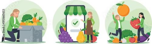 Organic grocery shopping and delivery concept with mobile app confirmation, fresh fruits and vegetables, and healthy lifestyle promoting sustainable food choices