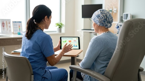 Healthcare worker discusses 'Recovery Pathway' on a tablet with a patient wearing a headscarf in a medical clinic