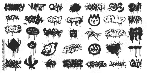 Set of black graffiti tags and street art elements for urban style poster and sticker design vector illustration