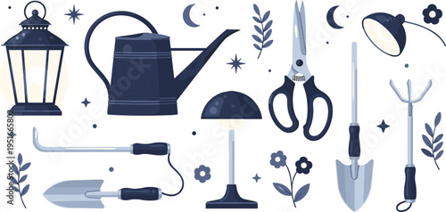 Modern Gardening Tools and Outdoor Equipment Vector Set with Lantern, Watering Can, Scissors, Shovel, Lamp, and Decorative Botanical Elements