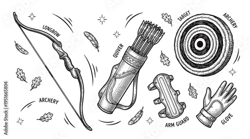 Hand-drawn vintage archery equipment set with longbow, arrows in quiver, target, arm guard and glove in retro engraved style. Vector illustration of traditional hunting and sport gear.