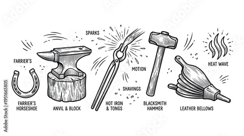 Vintage Blacksmith and Farrier Tools Vector Illustration Set Featuring Anvil Hammer Tongs and Bellows with Hand Drawn Labels