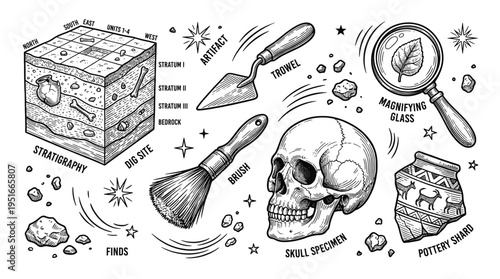 Archaeology and Paleontology Science Illustration Set featuring Dig Site Stratigraphy, Human Skull, Tools, and Antique Pottery Shards
