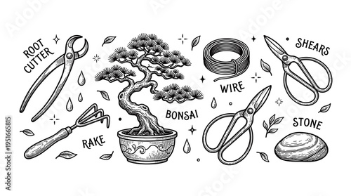 Vintage Hand-Drawn Bonsai Tree and Gardening Tools Illustration Set Including Shears, Root Cutter, Rake, and Wire in Engraved Style