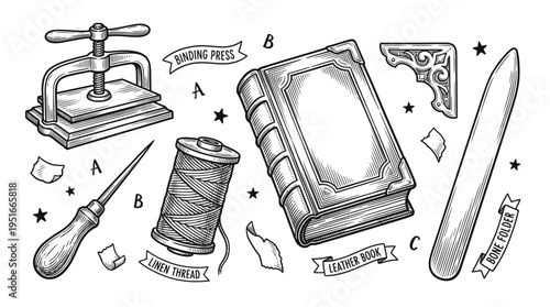 Hand Drawn Vintage Bookbinding Tools and Leather Book Engraving Illustration Set