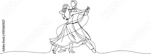 Continuous line of a couple dancing the waltz in formal attire