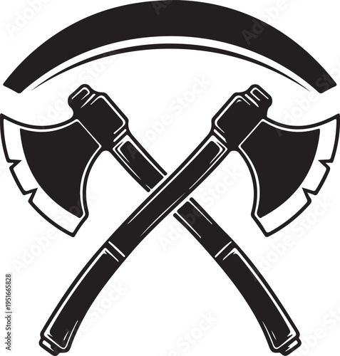 Crossed battle axes with a curved arch emblem in black and white