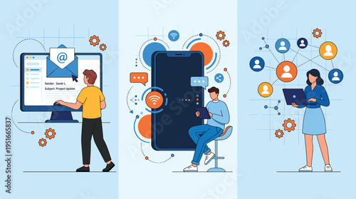 Digital communication ecosystem with email marketing, mobile messaging, wireless connectivity, and social networking illustrating modern business technology and online communication platforms